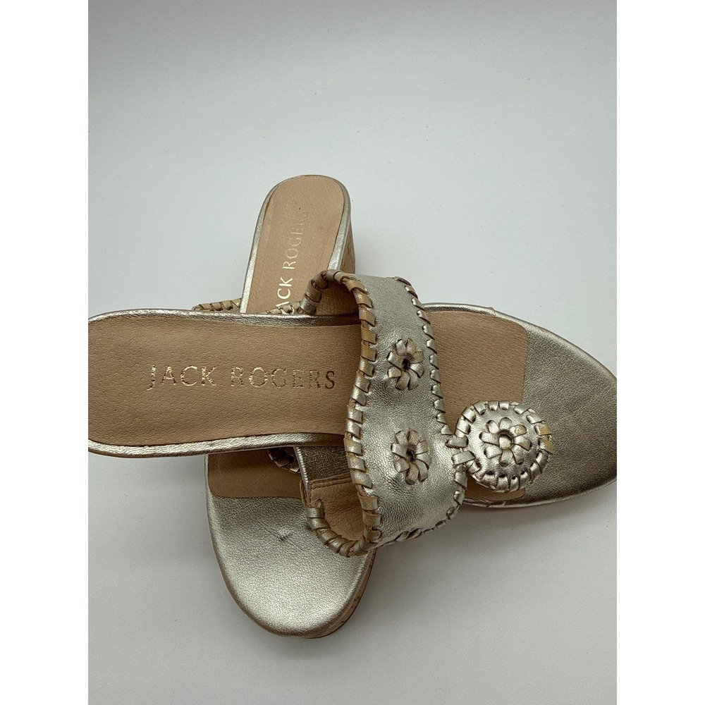 Jack Rogers Jacks Mid Wedge Sandals Platinum Gold Metallic Cork Heel Womens 7M